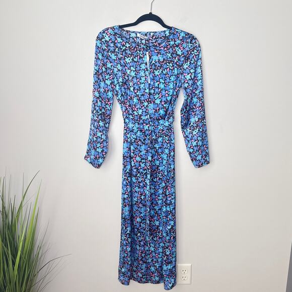 NEW NWT Zara Midi‎ Blue Floral Long Sleeve Satin Dress Small Belted Front Slit - Picture 2 of 10